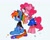 Size: 1500x1200 | Tagged: safe, artist:lexiedraw, artist:poneko-chan, derpibooru import, pinkie pie, rainbow dash, earth pony, pegasus, pony, alternate hairstyle, clothes, duo, eyes closed, simple background, sitting