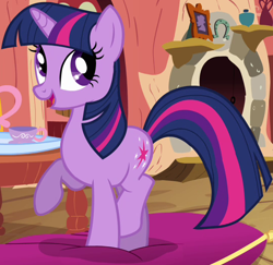 Size: 540x524 | Tagged: safe, derpibooru import, screencap, twilight sparkle, unicorn twilight, pony, unicorn, spike at your service, cropped, cup, female, golden oaks library, mare, pillow, solo, teacup