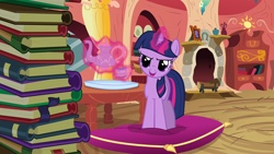 Size: 1280x720 | Tagged: safe, derpibooru import, screencap, twilight sparkle, unicorn twilight, pony, unicorn, spike at your service, book, cup, female, food, golden oaks library, mare, pillow, smiling, smirk, solo, tea, teacup, teapot