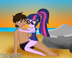 Size: 1669x1356 | Tagged: safe, artist:cyber-murph, derpibooru import, sci-twi, twilight sparkle, oc, equestria girls, equestria girls series, beach, canon x oc, clothes, commission, cute, glasses, hands on shoulder, kiss mark, lidded eyes, lipstick, ocean, ponytail, rock, signature, sitting, sunset, swimsuit