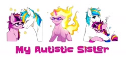 Size: 1280x620 | Tagged: safe, artist:mr-tiaa, artist:starponys87, derpibooru import, oc, oc only, oc:nightlight, oc:nightlight sparkleheart, oc:white night, unicorn, autism, bbbff, best friends, bff, big brother, crying, female, fire, geek, glasses, horn, hug, little sister, male, mane on fire, mare, nerd, nuzzles, nuzzling, shirt, stallion, t-shirt, unicorn oc