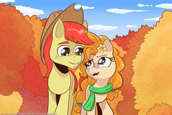 Size: 2000x1341 | Tagged: safe, artist:saturdaymorningproj, derpibooru import, bright mac, pear butter, autumn, clothes, cloud, cowboy hat, flower, flower in hair, hat, open mouth, scarf, sky, tree, walking