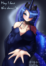 Size: 2053x2943 | Tagged: safe, artist:chiefyaero, derpibooru import, princess luna, human, blushing, breasts, crown, eye clipping through hair, hair over one eye, hand, horn, horned humanization, humanized, jewelry, looking at you, princess balloona, regalia, talking to viewer