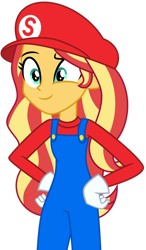 Size: 1024x1756 | Tagged: safe, artist:emeraldblast63, derpibooru import, sunset shimmer, equestria girls, clothes, cosplay, costume, mario, simple background, solo, super mario bros., transparent background