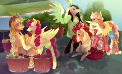 Size: 1800x1097 | Tagged: safe, artist:bunnari, derpibooru import, applejack, strawberry sunrise, oc, oc:apple berry, oc:pina colada (ice1517), oc:white lilly, earth pony, pegasus, pony, alternate hairstyle, apple, applejack's hat, applerise, barrel, bedroom eyes, bipedal, blouse, blushing, bush, clothes, coat markings, commission, cowboy hat, ear piercing, earring, embarrassed, eyebrow piercing, eyes closed, eyeshadow, facehoof, family, female, flying, food, freckles, glasses, grin, hat, hear no evil, hoof hold, icey-verse, jewelry, lesbian, magical lesbian spawn, makeup, mare, mother and child, mother and daughter, offspring, parent and child, parent:applejack, parent:strawberry sunrise, parents:applerise, piercing, pineapple, raised hoof, rock, rope, see no evil, shipping, shirt, shorts, siblings, sisters, sitting, smiling, socks, speak no evil, stall, stockings, strawberry, sweat, sweatdrop, sweatdrops, tattoo, thigh highs, three wise monkeys, wall of tags