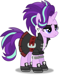 Size: 3377x4248 | Tagged: safe, artist:anime-equestria, derpibooru import, starlight glimmer, unicorn, alternate hairstyle, belt, clothes, dress, ear piercing, edgelight glimmer, eyeshadow, female, frown, gameloft, gameloft interpretation, goth, jacket, makeup, mare, piercing, shoes, simple background, skirt, skull, solo, transparent background, vector