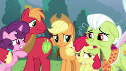 Size: 1920x1080 | Tagged: safe, derpibooru import, screencap, apple bloom, applejack, big macintosh, granny smith, sugar belle, earth pony, pony, unicorn, the ending of the end, applejack's hat, female, filly, hug, male, mare, scared, stallion, unshorn fetlocks