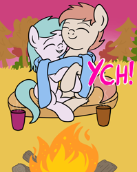 Size: 1536x1928 | Tagged: safe, artist:lannielona, derpibooru import, pony, advertisement, autumn, campfire, clothes, commission, cuddling, drink, evening, eyes closed, female, grass, hug, male, mare, scarf, stallion, tree, your character here