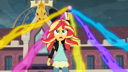 Size: 1920x1080 | Tagged: safe, derpibooru import, screencap, sunset shimmer, equestria girls, friendship games, female, floating, frown, glare, lightning, magic, magic capture device, open mouth, solo, talking