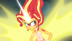 Size: 1920x1080 | Tagged: safe, derpibooru import, screencap, sunset shimmer, equestria girls, friendship games, canterlot high, clenched teeth, daydream shimmer, female, glare, horn, solo, wings