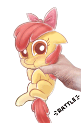 Size: 555x834 | Tagged: safe, artist:mcponyponypony, edit, editor:hotkinkajou, apple bloom, oc, oc:anon, earth pony, human, pony, adorabloom, animated, blushing, cute, floppy ears, hand, holding a pony, micro, nose wrinkle, open mouth, perfect loop, ponified animal photo, puffy cheeks, shaking, solo focus