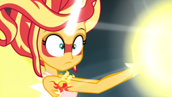 Size: 1920x1080 | Tagged: safe, derpibooru import, screencap, sunset shimmer, equestria girls, friendship games, blast, daydream shimmer, female, horn, magic, magic blast, sleeveless, solo, surprised