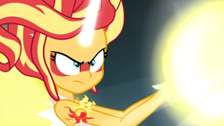 Size: 1920x1080 | Tagged: safe, derpibooru import, screencap, sunset shimmer, equestria girls, friendship games, blast, daydream shimmer, determined, female, horn, magic, magic blast, sleeveless, solo