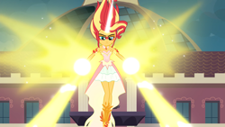 Size: 1920x1080 | Tagged: safe, derpibooru import, screencap, sunset shimmer, equestria girls, friendship games, bare shoulders, blast, daydream shimmer, energy blast, female, magic, magic blast, sleeveless, solo, strapless