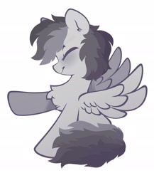 Size: 2000x2300 | Tagged: safe, artist:mirtash, derpibooru import, rainbow dash, pegasus, pony, chest fluff, eyes closed, female, grayscale, mare, monochrome, simple background, sitting, smiling, solo, white background