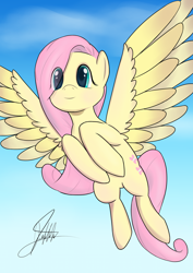 Size: 1280x1810 | Tagged: safe, artist:theh0osst, derpibooru import, fluttershy, pegasus, pony, eye clipping through hair, female, flying, hooves to the chest, mare, outdoors, sky, sky background, smiling, solo, spread wings, wings