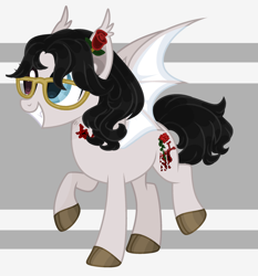 Size: 2225x2385 | Tagged: safe, artist:lazuli, artist:thieeur-nawng, derpibooru import, oc, oc only, oc:crimson tide, bat pony, pony, abstract background, base used, bat pony oc, bat wings, colored hooves, glasses, grin, raised hoof, smiling, solo, wings