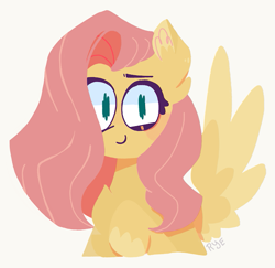 Size: 651x634 | Tagged: safe, artist:freakyghostbed, derpibooru import, fluttershy, pegasus, pony, bust, chest fluff, ear fluff, female, looking at you, mare, portrait, simple background, smiling, solo, spread wings, three quarter view, white background, wings