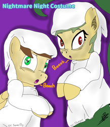 Size: 1959x2256 | Tagged: safe, artist:shappy the lamia, derpibooru import, oc, oc:shappy, earth pony, ghost, ghost pony, hybrid, lamia, original species, pegasus, pony, semi-anthro, snake, undead, friendship is magic, bed sheets, brown mane, clothes, commission, costume, dirty, fangs, friendship, ghost costume, green eyes, green mane, halloween, halloween costume, holiday, hood, hooves, long tail, nightmare night, nightmare night costume, red eyes, reptile, scaring, scary face, slit eyes, snake eyes, snake tail, spooky, trick or treat