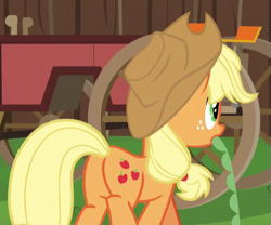 Size: 537x446 | Tagged: safe, derpibooru import, screencap, applejack, earth pony, pony, the cart before the ponies, applebutt, applejack's hat, butt, cart, cropped, female, freckles, mare, plot, solo