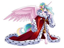 Size: 5700x4355 | Tagged: safe, artist:spiderweber, derpibooru import, princess celestia, alicorn, anthro, crystal pony, plantigrade anthro, pony, alternate hairstyle, barefoot, bathrobe, beautiful, bedroom eyes, breasts, cleavage, clothes, elegant, ermine, eye clipping through hair, eyebrows visible through hair, eyelashes, feet, female, fur trim, hair bun, lips, lipstick, looking at you, mare, pink eyes, pinklestia, pose, princess breastia, red lipstick, robe, sash, seductive, seductive look, sexy, solo, spread wings, stupid sexy celestia, sultry pose, wings