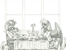 Size: 1400x1071 | Tagged: safe, artist:baron engel, derpibooru import, oc, oc only, anthro, pegasus, unicorn, anthro oc, chair, chatting, clothes, cup, dessert, eyes closed, female, flower, glass, grayscale, mare, monochrome, open mouth, pants, pencil drawing, sitting, table, traditional art