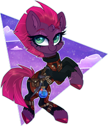Size: 2521x2948 | Tagged: safe, artist:_spacemonkeyz_, derpibooru import, tempest shadow, pony, unicorn, blade of woe, broken horn, clothes, cloud, colored hooves, dark brotherhood, flower, horn, leather armor, magicka potion, potion, scar, simple background, sky, skyrim, solo, stars, the elder scrolls, torn clothes, transparent background