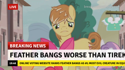 Size: 1280x720 | Tagged: safe, derpibooru import, edit, edited screencap, screencap, apple bloom, feather bangs, scootaloo, sweetie belle, earth pony, pegasus, pony, unicorn, hard to say anything, break your own news, breaking news, cutie mark crusaders