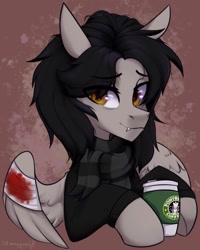 Size: 1265x1582 | Tagged: safe, artist:hydrargyrum, derpibooru import, pegasus, pony, bandage, blood, broken wing, bust, clothes, coffee, commission, fangs, gerard way, hood hold, hoof hold, jacket, male, messy mane, my chemical romance, ponified, scarf, spread wings, stallion, wings, ych result