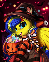 Size: 2550x3209 | Tagged: safe, artist:pridark, derpibooru import, part of a set, oc, oc:swivel starsong, pegasus, pony, candy, clothes, commission, food, halloween, hat, high res, holiday, jack-o-lantern, open mouth, pumpkin, raffle winner, socks, solo, striped socks, wings, witch hat, ych result