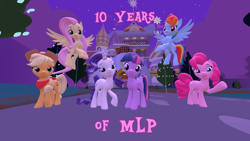 Size: 1920x1080 | Tagged: safe, derpibooru import, applejack, fluttershy, pinkie pie, rainbow dash, rarity, twilight sparkle, twilight sparkle (alicorn), alicorn, earth pony, pegasus, pony, unicorn, 3d, happy birthday mlp:fim, mane six, mlp fim's tenth anniversary, source filmmaker