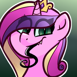 Size: 1000x1000 | Tagged: safe, artist:binkyt11, derpibooru exclusive, derpibooru import, princess cadance, queen chrysalis, alicorn, changeling, changeling queen, pony, eye clipping through hair, fake cadance, female, gradient background, long tongue, looking at you, mare, sharp teeth, solo, teeth, tongue out