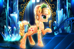 Size: 4500x3000 | Tagged: safe, artist:darksly, derpibooru import, applejack, crystal pony, earth pony, pony, absurd resolution, alternate hairstyle, crystal, crystallized, cutie mark, female, indoors, mare, raised hoof, smiling, solo, stairs