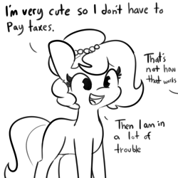 Size: 3000x3000 | Tagged: safe, artist:tjpones, derpibooru import, oc, oc only, oc:brownie bun, earth pony, pony, horse wife, cute, female, horse taxes, mare, monochrome, ocbetes, offscreen character, open mouth, simple background, smiling, solo, tax evasion, taxes, this will end in jail time, white background