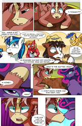 Size: 2036x3148 | Tagged: safe, artist:candyclumsy, derpibooru import, big macintosh, flash sentry, shining armor, trouble shoes, oc, oc:king speedy hooves, oc:queen galaxia, alicorn, earth pony, pegasus, pony, unicorn, comic:the birth of speedy hooves, awoken, book, butt, clydesdale, comic, commissioner:bigonionbean, concerned, confused, confusion, cutie mark, dialogue, doll, ethereal mane, exhausted, female, flank, floating, fusion, fusion:king speedy hooves, fusion:queen galaxia, hat, hug, husband and wife, interrupted, male, mare, nuzzling, panicking, passed out, plot, reading, shocked, sleeping, stallion, surprised, table, thought bubble, thoughts, toy, woken up at a bad time, writer:bigonionbean