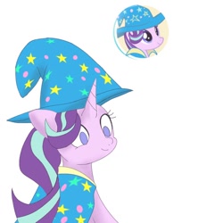 Size: 768x768 | Tagged: safe, artist:zeon_starlight, derpibooru import, starlight glimmer, pony, unicorn, accessories, cape, clothes, gameloft, hat, smiling, solo