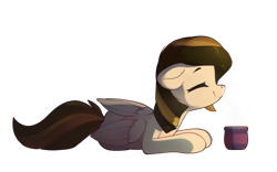 Size: 2099x1306 | Tagged: safe, artist:freeedon, derpibooru import, oc, oc:tulpa twilight, pegasus, pony, coffee, female, lying down, mare, prone, simple background, solo, transparent background