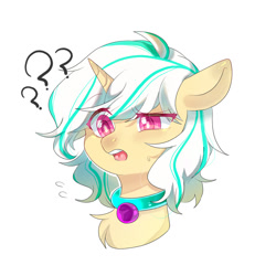 Size: 1500x1500 | Tagged: safe, derpibooru import, oc, oc only, oc:anna karenna, pony, unicorn, collar, confusion, cute, gem, question mark, simple background, solo, white background