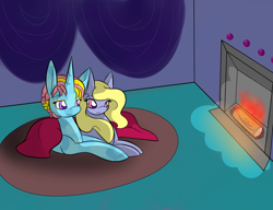 Size: 1280x985 | Tagged: safe, artist:kaggy009, derpibooru import, dewdrop dazzle, lily blossom, crystal pony, pony, crystallized, fireplace, lying down, prone