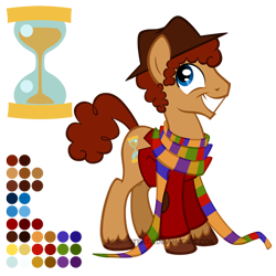 Size: 504x504 | Tagged: safe, artist:lissystrata, derpibooru import, doctor whooves, earth pony, pony, crossover, doctor who, fedora, fourth doctor, fourth doctor's scarf, hourglass, male, ponified, reference sheet, safari jacket, scarf, simple background, solo, stallion, the doctor, tom baker's scarf, transparent background