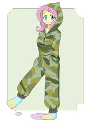 Size: 1668x2224 | Tagged: safe, artist:batipin, derpibooru import, fluttershy, equestria girls, camouflage, clothes, cute, female, gameloft, gameloft interpretation, hands in pockets, hoodie, shyabetes, socks, solo