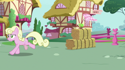 Size: 1280x720 | Tagged: safe, derpibooru import, screencap, millie, earth pony, pony, the big mac question, apple, female, food, hay bale, mare, running, solo