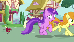 Size: 1280x720 | Tagged: safe, derpibooru import, screencap, amethyst star, carrot top, golden harvest, millie, sparkler, earth pony, pony, unicorn, the big mac question, apple, female, food, mare, running