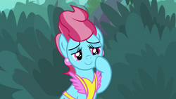 Size: 1280x720 | Tagged: safe, derpibooru import, screencap, cup cake, earth pony, pony, the big mac question, beautiful, blue fur, bush, crying, cute, ear piercing, earring, female, girly girl, happy, jewelry, mare, piercing, pink eyes, pink mane, smiling, solo, tears of joy