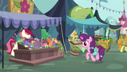 Size: 1280x720 | Tagged: safe, derpibooru import, screencap, carrot top, golden harvest, grand pear, roseluck, sugar belle, earth pony, pony, unicorn, the big mac question, bag, female, flower, mare, saddle bag