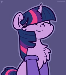 Size: 1067x1200 | Tagged: safe, artist:kimjoman, derpibooru import, twilight sparkle, unicorn twilight, pony, unicorn, chest fluff, clothes, cute, ear fluff, eyes closed, female, mare, purple background, simple background, socks, solo, stockings, thigh highs, twiabetes