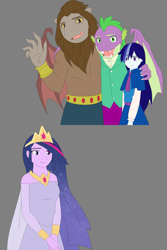 Size: 1865x2798 | Tagged: safe, artist:fantasygerard2000, derpibooru import, majesty, scorpan, spike, twilight sparkle, anthro, dragon, gargoyle, human, clothes, crown, dress, gray background, headcanon, jewelry, regalia, simple background, wings