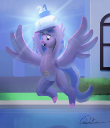 Size: 871x1008 | Tagged: safe, artist:darkanine121212, derpibooru import, silverstream, classical hippogriff, hippogriff, 21, cake, food, inflatable toy, solo, story included, swimming pool, transformation