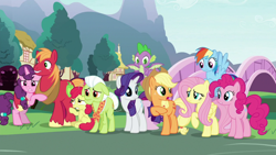 Size: 1290x726 | Tagged: safe, derpibooru import, screencap, apple bloom, applejack, big macintosh, fluttershy, granny smith, pinkie pie, rainbow dash, rarity, spike, sugar belle, dragon, earth pony, pegasus, pony, unicorn, the ending of the end, winged spike