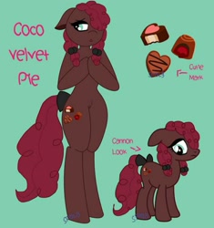 Size: 961x1024 | Tagged: safe, artist:lolitablue, derpibooru import, oc, oc only, anthro, earth pony, pony, unguligrade anthro, anthro with ponies, base used, bow, chocolate, duo, earth pony oc, female, food, mare, offspring, parent:cheese sandwich, parent:pinkie pie, parents:cheesepie, reference sheet, tail bow